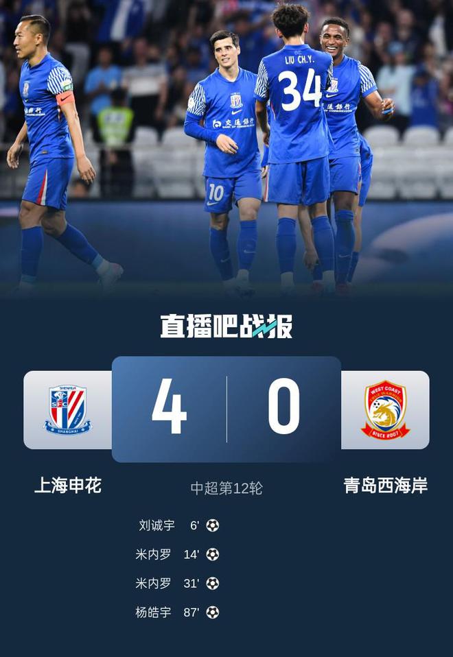 中超第13轮上海申花4-0大胜青岛西海岸，米内罗双响刘诚宇破门